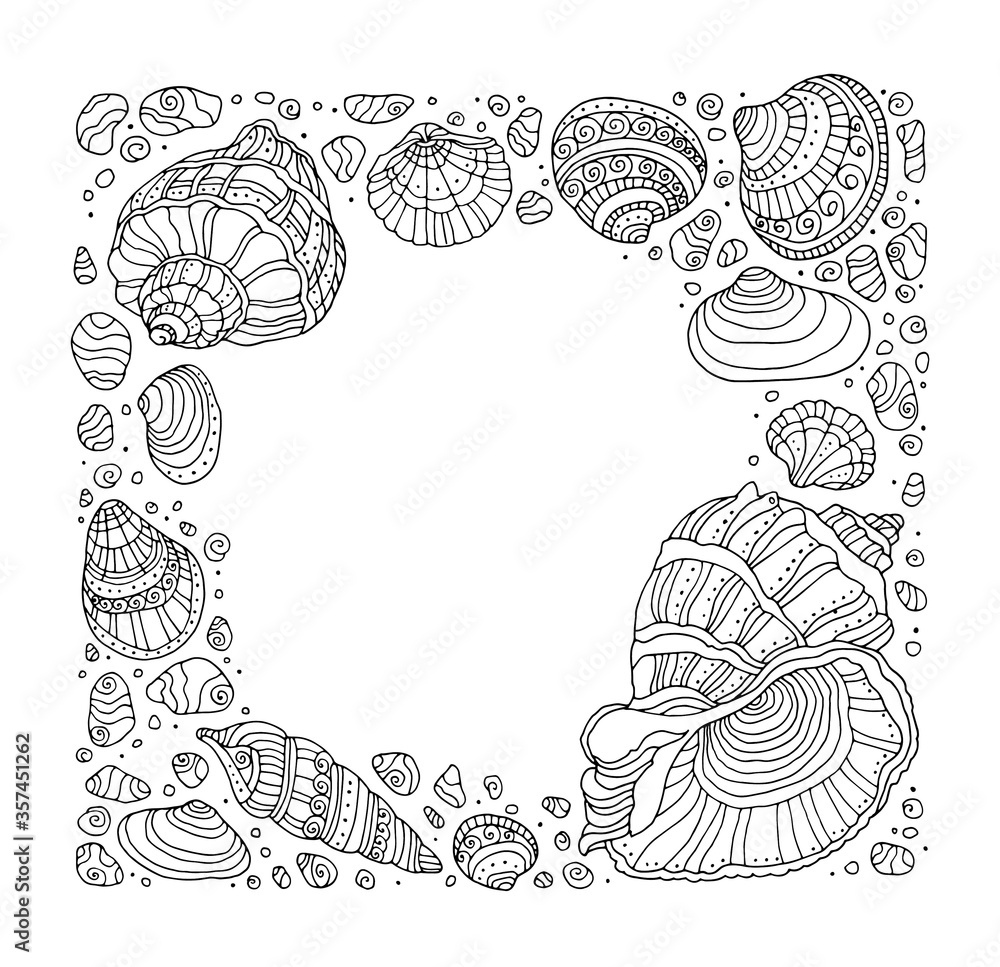 Seashell border frame. Vector illustration. Zentangle. Coloring book page for adult. Hand drawn artwork. Black and white. Bohemian ethnic concept