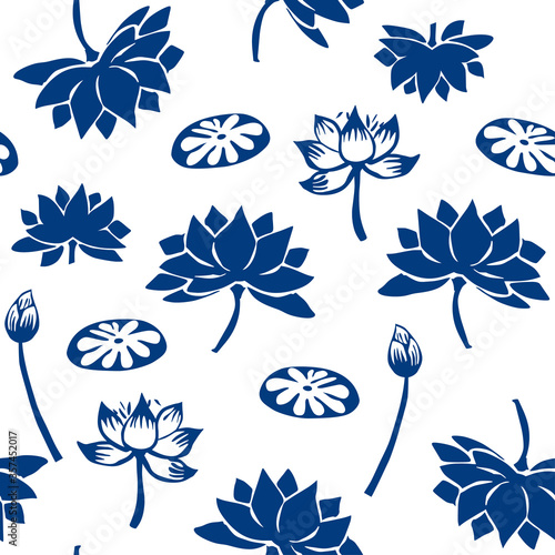 Vector Chinese Classic Blue Traditional Paper Cutting or Porcelain Seamless Pattern. Lotus in Pond.