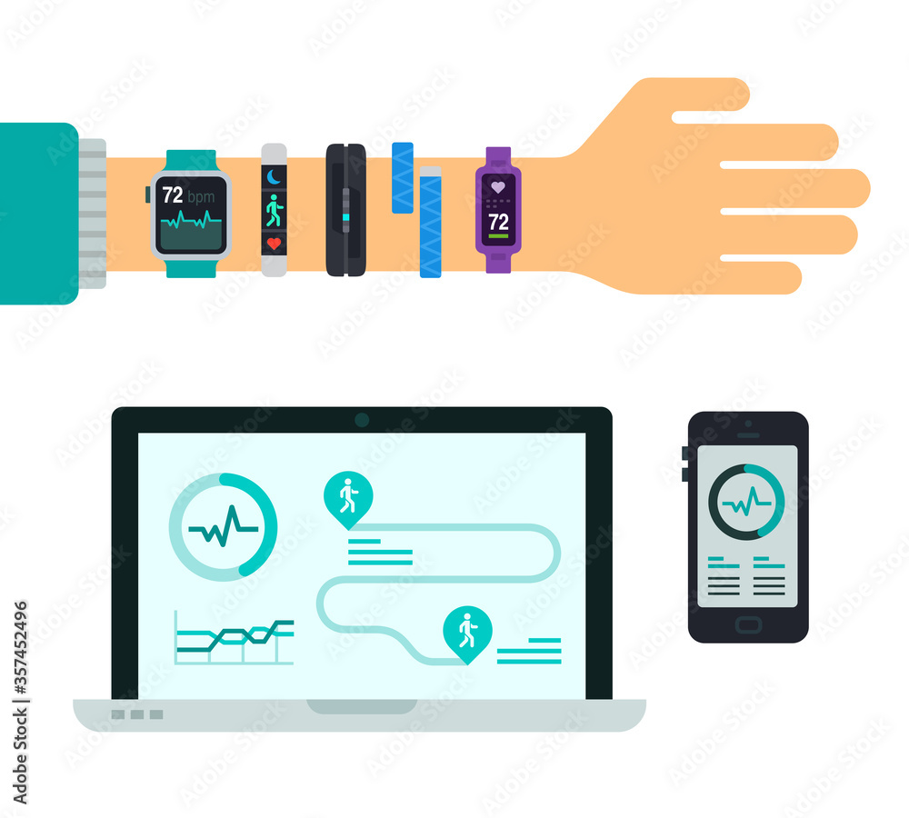 Smartphone and laptop with application and hand with different fitness trackers vector illustration Smartphone and laptop with application and hand with different fitness trackers vector illustration