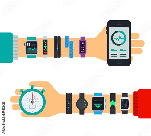 Two hands with a variety of fitness trackers, a smartphone and a stopwatch vector illustration