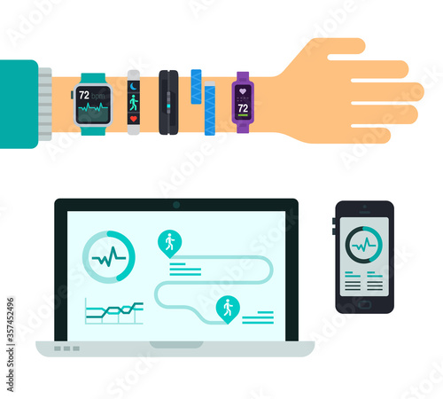 Smartphone and laptop with application and hand with different fitness trackers vector illustration