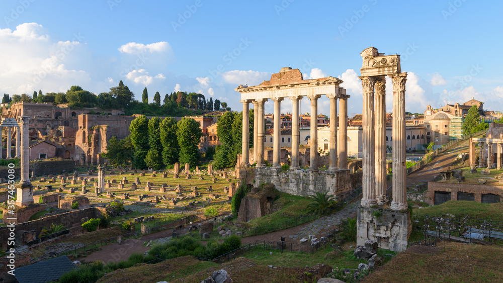 Ancient temple ruins in the Roman Forum, Rome, Italy