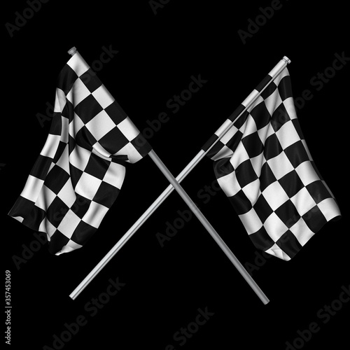 Fototapeta Naklejka Na Ścianę i Meble -  Crossed Chequered Flags under the lights isolated on a black background