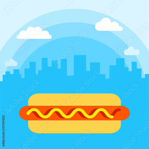Hot dog on a background of cityscape with white clouds, fast food vector illustration