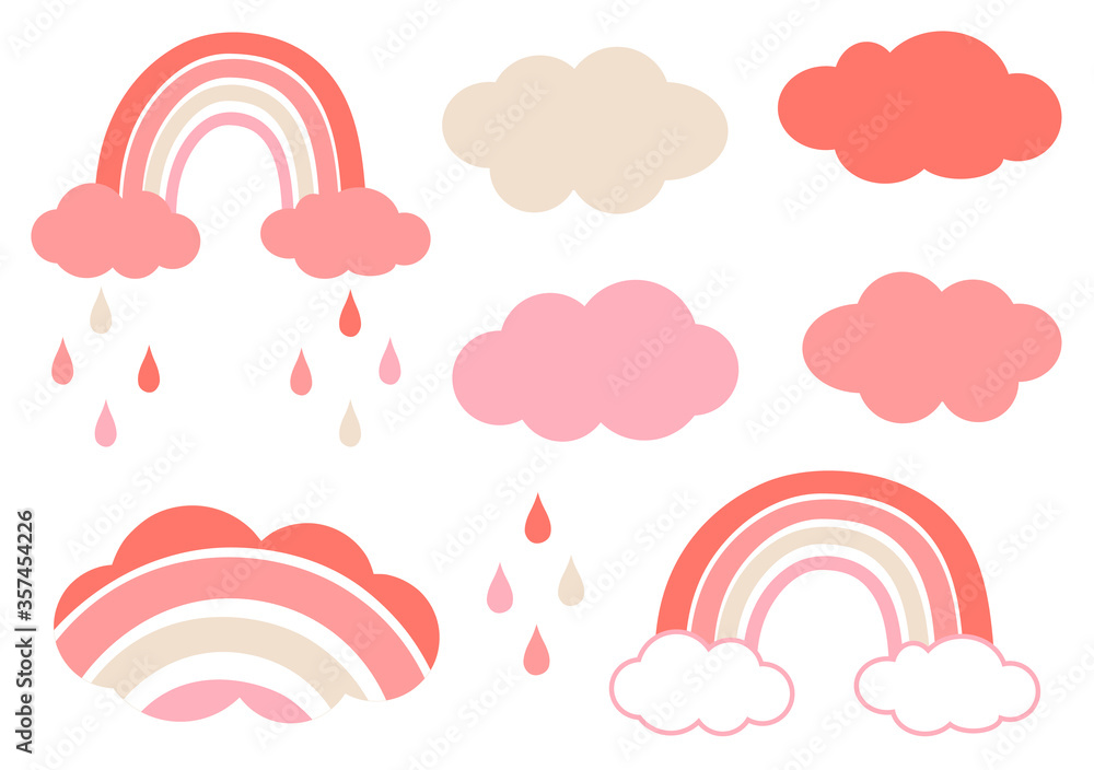 Set of colorful stylized rainbow clouds raindrops pink coral and beige pastel shades vector illustration