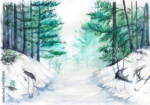 Watercolor turquoise winter wood forest pine landscape photo