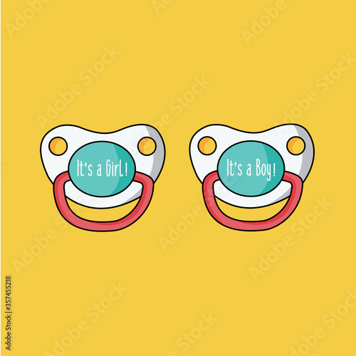 sweet modern cute clean colorful simple pacifier, soother or dummy vector cartoon with text - it's a Girl & it's a boy with black outline or line flat design isolated. twins baby concept