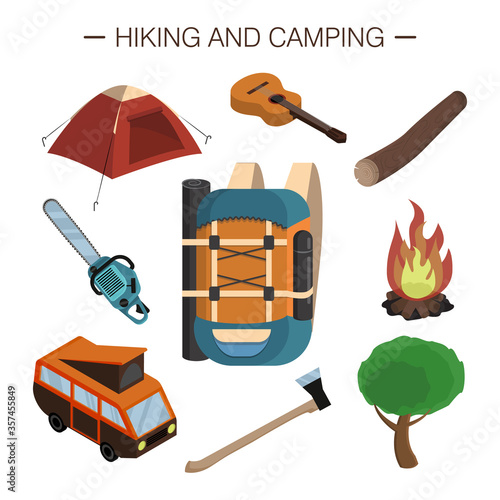 Set of objects of hiking and camping. Vector cartoon isometric 3D illustration. Tools, equipment and accessories for outdoor living. Collection of Isolated icons on white background