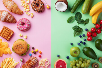 Healthy and unhealthy food background from fruits and vegetables vs fast food, sweets and pastry top view. Diet and detox against calorie and overweight lifestyle concept.