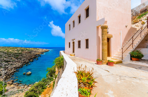 Chrysoskalitissa Monastery is a 17th century Orthodox Christian monastery located on the southwest coast of the island of Crete,built up on a rocks overlooking the Libyan Sea. photo