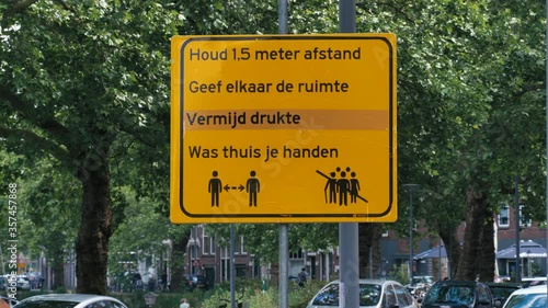 Playbround sign board saying to keep 1.5 meter distance because of Corona virus, Rotterdam, Netherlands.