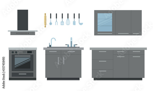 Gray modern kitchen made of furniture, appliances and kitchen utensils vector illustration