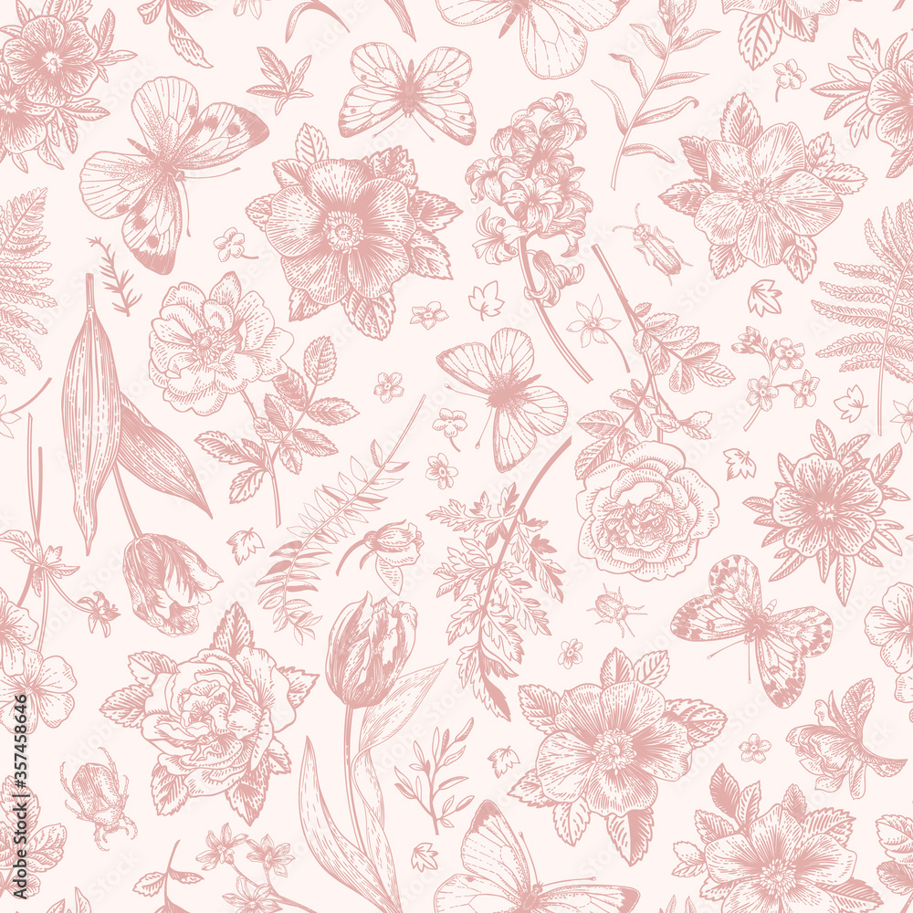 Floral seamless pattern with butterflies.