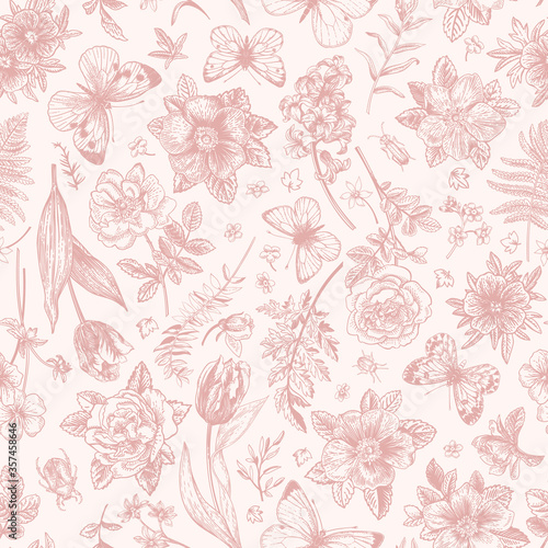 Floral seamless pattern with butterflies.