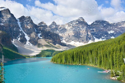 The scenery and landscapes around Moraine Lake with vibrant blue water. The Valley of Ten Peacks.