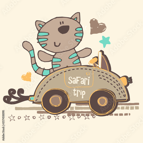 Funny little  kitten driver vector character illustration
