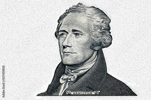 Alexander Hamilton cut on 10 dollar banknote isolated on white background photo