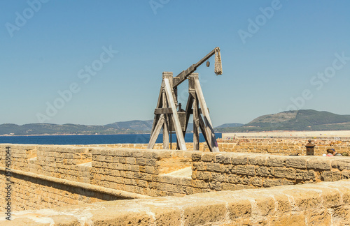 Copy of catapult along the bastions in Alghero (Sardinia, Italy)