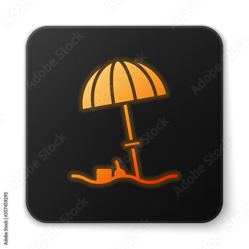 Orange glowing neon Sun protective umbrella for beach icon isolated on white background. Large parasol for outdoor space. Beach umbrella. Black square button. Vector Illustration