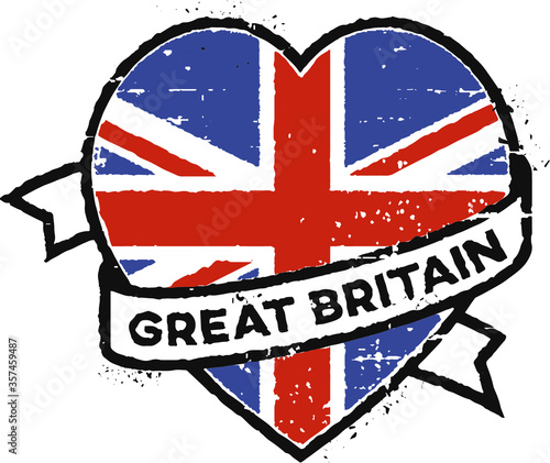 Great Britain rubber stamp. A ribbon wrapped around the heart with the British flag.