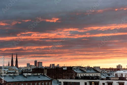 Beautiful sunset over the city, Warsaw