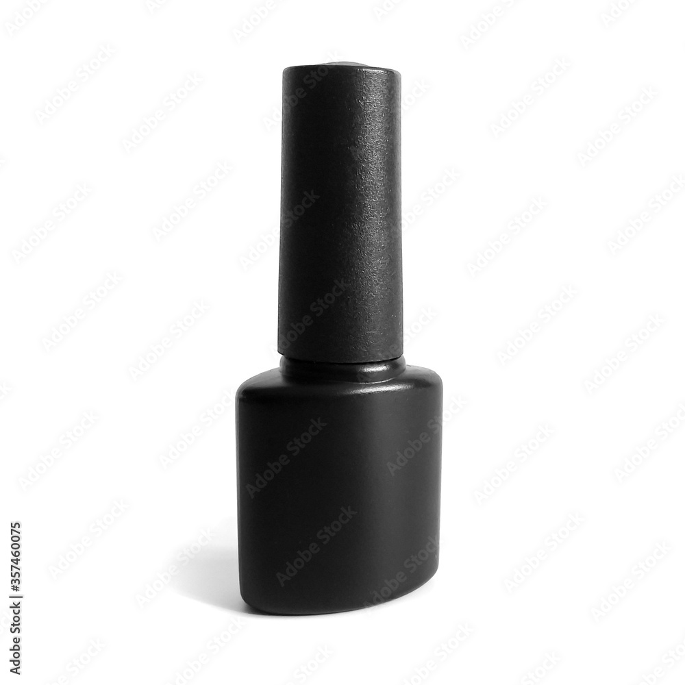 Black bottle with shellac, gel polish. Bottle of nail polish. On a white background, isolate. Anti-UV Bottle. The basis for your design or logo. Black bottle with shellac, gel polish. Bottle of nail polish. On a white background, isolate. Anti-UV Bottle. The basis for your design or logo.