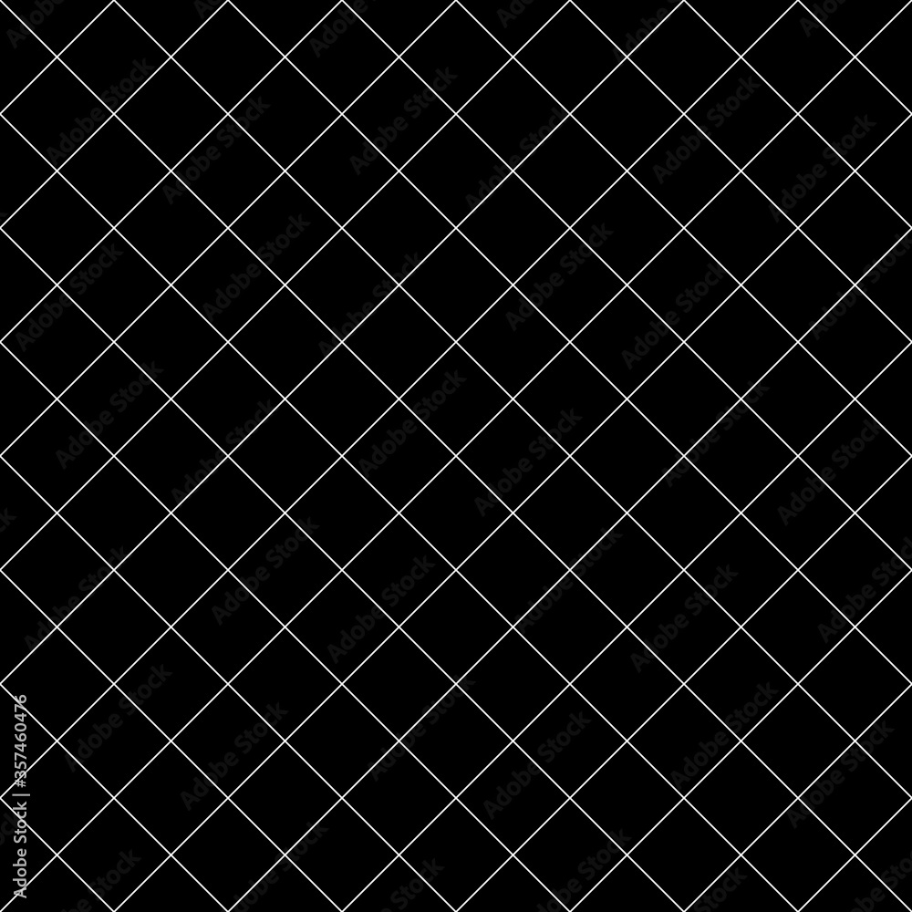Seamless surface pattern with mini diamond ornament. White diagonal stripes grill on black background. Grid motif. Crossed lines wallpaper. Checkered image. Digital paper for print. Rhombuses vector. Seamless surface pattern with mini diamond ornament. White diagonal stripes grill on black background. Grid motif. Crossed lines wallpaper. Checkered image. Digital paper for print. Rhombuses vector.