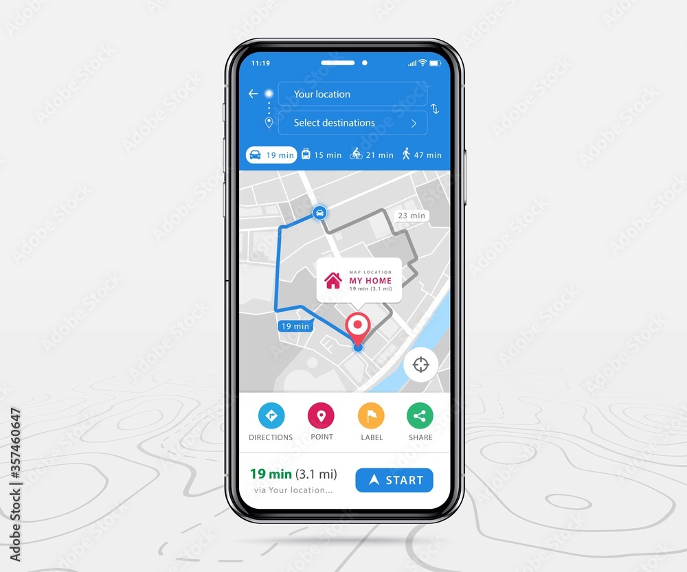 Vecteur Stock Map mobile gps, Smartphone map application and destination  red pinpoint on screen, App search map navigation, colorful buttons and maps  icons, Vector illustration for graphic design | Adobe Stock