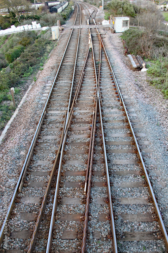 Perspective view of two railway tracks and points to interchange between tracks