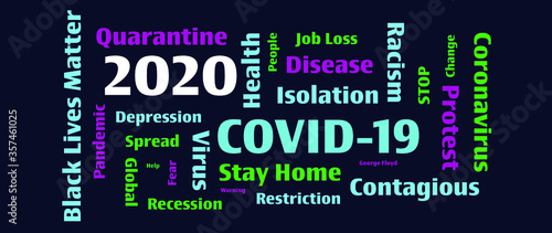 A word collage for the historical year of 2020 like none other. COVID-19 a global pandemic, financial recession and job loss, racial discrimination and protesting for civil rights. 