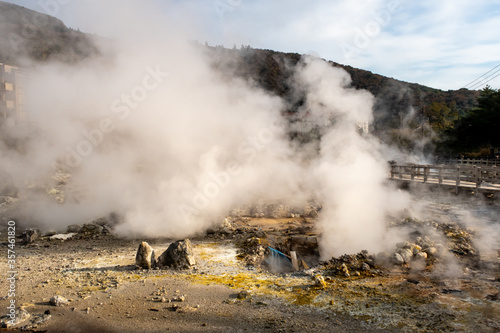 Unzen Hell (Unzen Jigoku) in Unzen Onsen Hot Springs Resort. Hot water, steam and gases spout out of the earth. Kyushu Island, Japan. © Cleop6atra