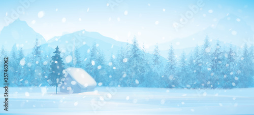 Vector winter  landscape with house in forest.