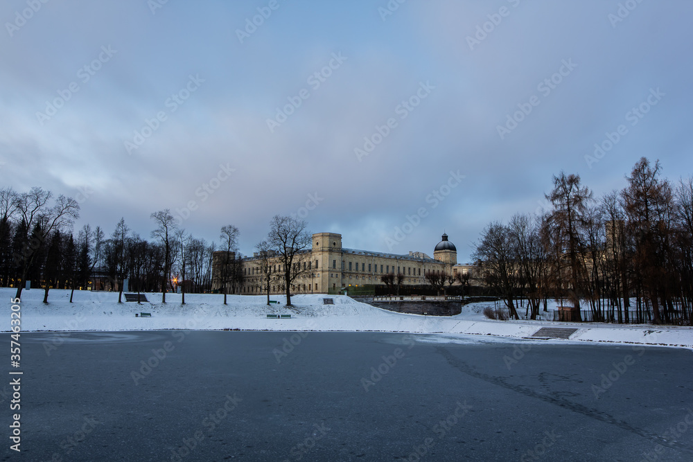 Snowy Winter in Gatchina Palace Park, Russia. Palace View Over the Lake