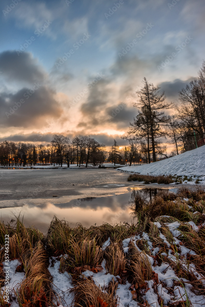 Snowy winter in Gatchina Palace Park at sunrise, Russia. Snowy winter in Gatchina Palace Park at sunrise, Russia.