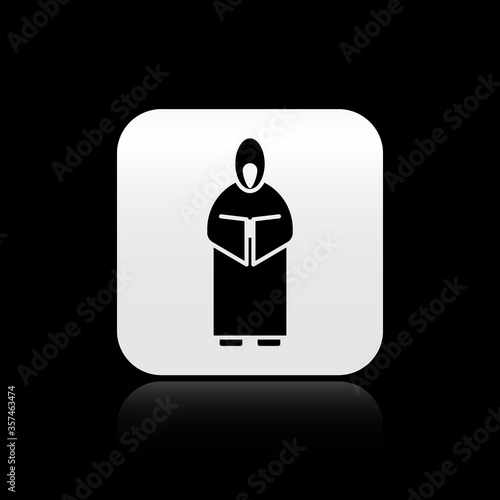 Black Monk icon isolated on black background. Silver square button. Vector Illustration