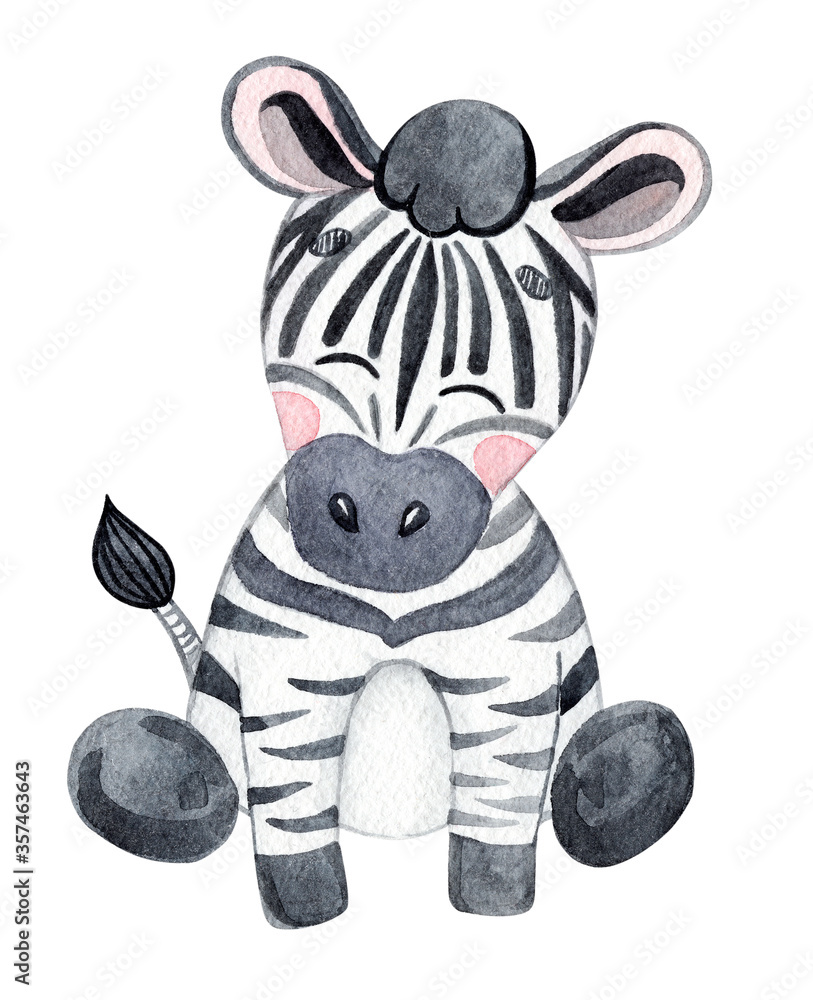 Wallpaper murals watercolor happy baby zebra sitting isolated on white background for children fabric, birthday cards design Wallpaper murals watercolor happy baby zebra sitting isolated on white background for children fabric, birthday cards design