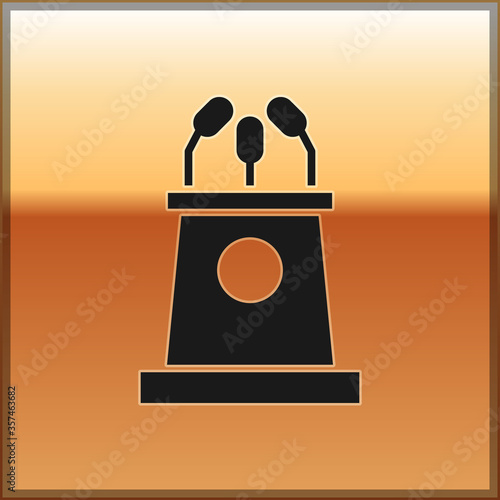 Black Stage stand or debate podium rostrum icon isolated on gold background. Conference speech tribune. Vector Illustration