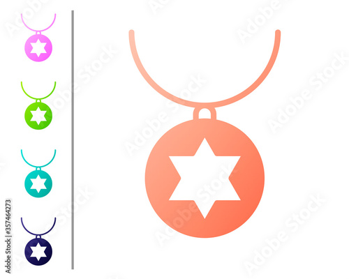 Coral Star of David necklace on chain icon isolated on white background. Jewish religion. Symbol of Israel. Jewellery and accessory. Set color icons. Vector Illustration