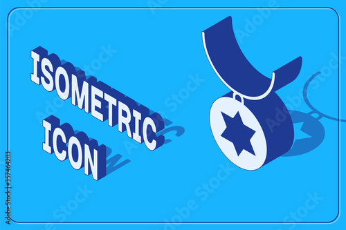 Isometric Star of David necklace on chain icon isolated on blue background. Jewish religion. Symbol of Israel. Jewellery and accessory. Vector Illustration