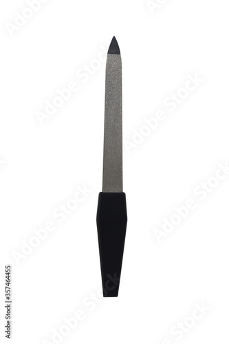 Nail file with black grip isolated on white background. Small beauty tool close up