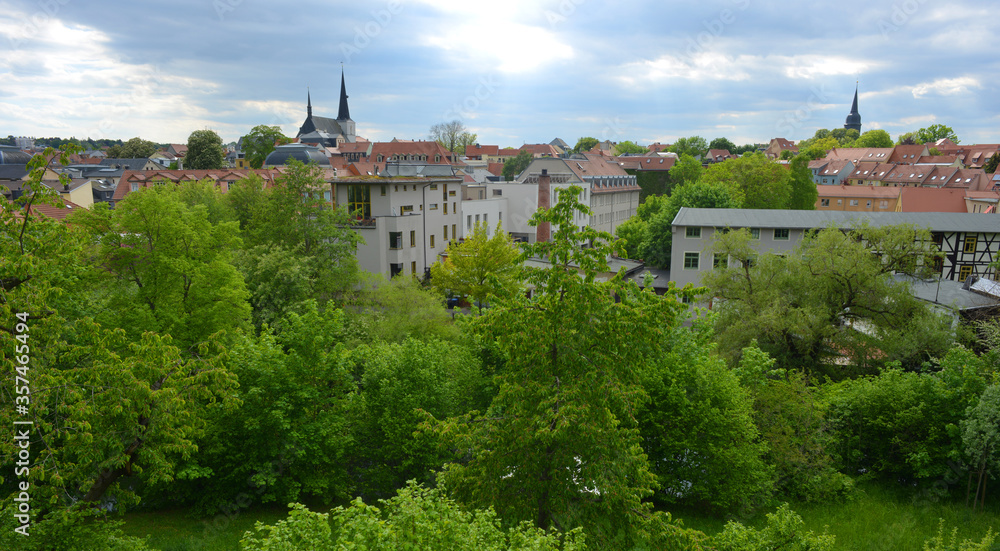 Weimar, Germany, panorama view over the green Ilm river and the old town in the background