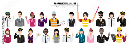 Cartoon character with airport crew action half body banner, professional airline team in uniform, flat icon design vector illustration