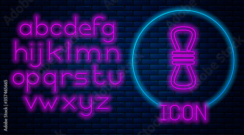 Glowing neon Climber rope icon isolated on brick wall background. Extreme sport. Sport equipment. Neon light alphabet. Vector Illustration