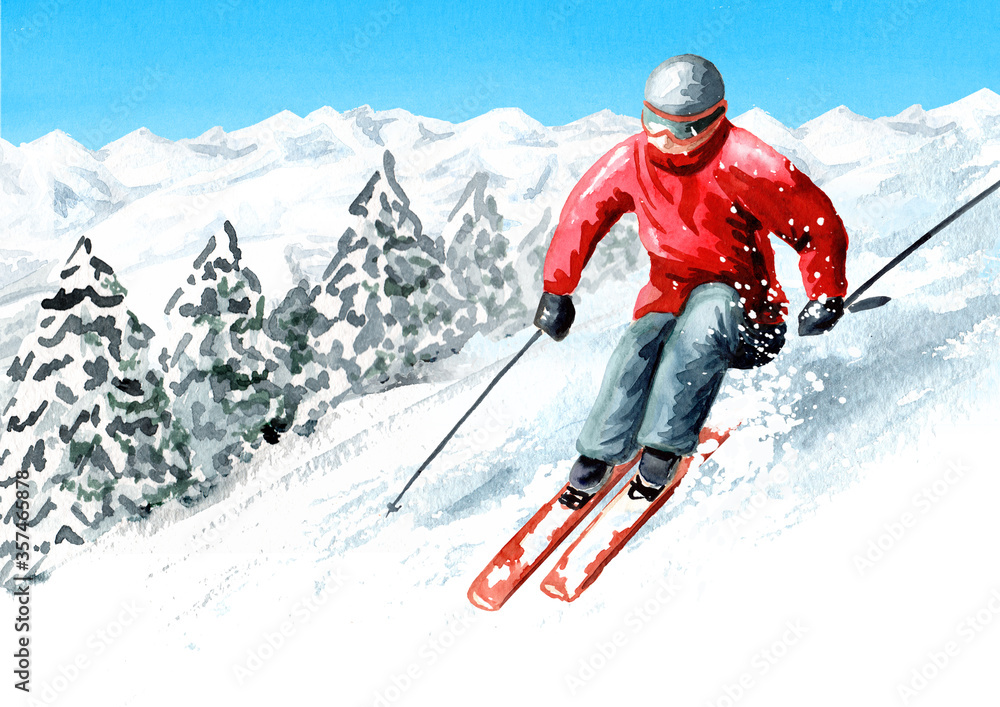 Skier in the ski mountain resort, winter recreation and vacation concept, Hand drawn watercolor illustration and background - obrazy, fototapety, plakaty 