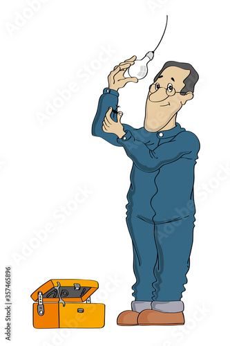 Isolated man electrical technician, electrician with his toolbox repairing a lamp. Cute character cartoon style vector illustration.