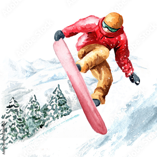 Cuadro en lienzo young snowboarder jumps with a snowboard from a snowy mountain in the ski resort, winter recreation and vacation concept