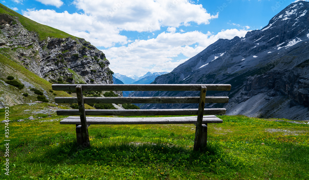 Stelvio pass in Italy, Ortler Alps, Italy. Stelvio Pass, over the alps between Lombardy and Trentino, towards the Trentino side. Alpine landscape.