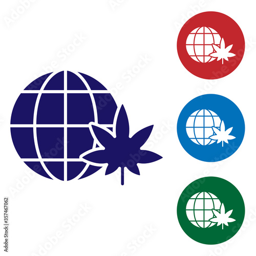 Blue Legalize marijuana or cannabis globe symbol icon isolated on white background. Hemp symbol. Set icons in color square buttons. Vector Illustration