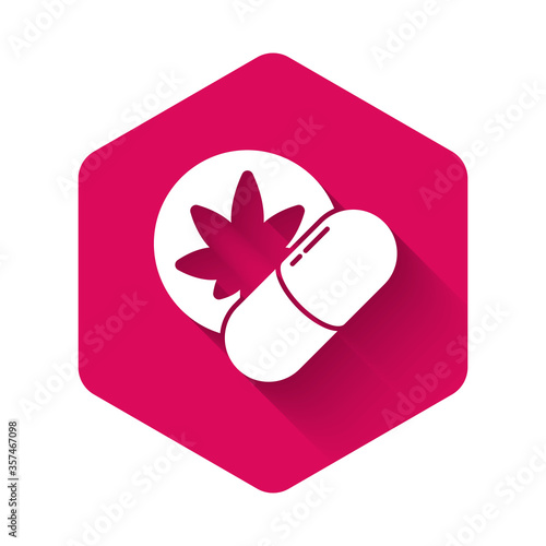 White Herbal ecstasy tablets icon isolated with long shadow. Pink hexagon button. Vector Illustration
