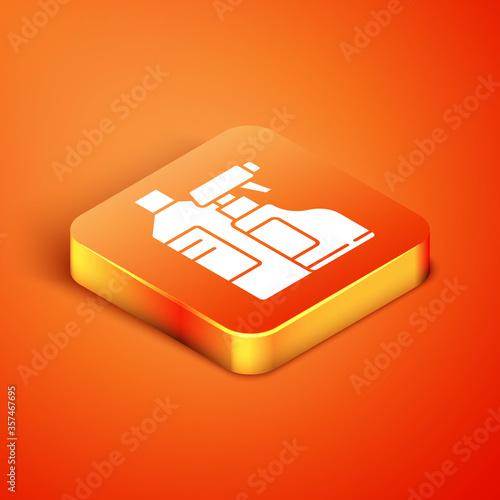 Isometric Plastic bottles for laundry detergent, bleach, dishwashing liquid or another cleaning agent icon isolated on orange background. Vector Illustration